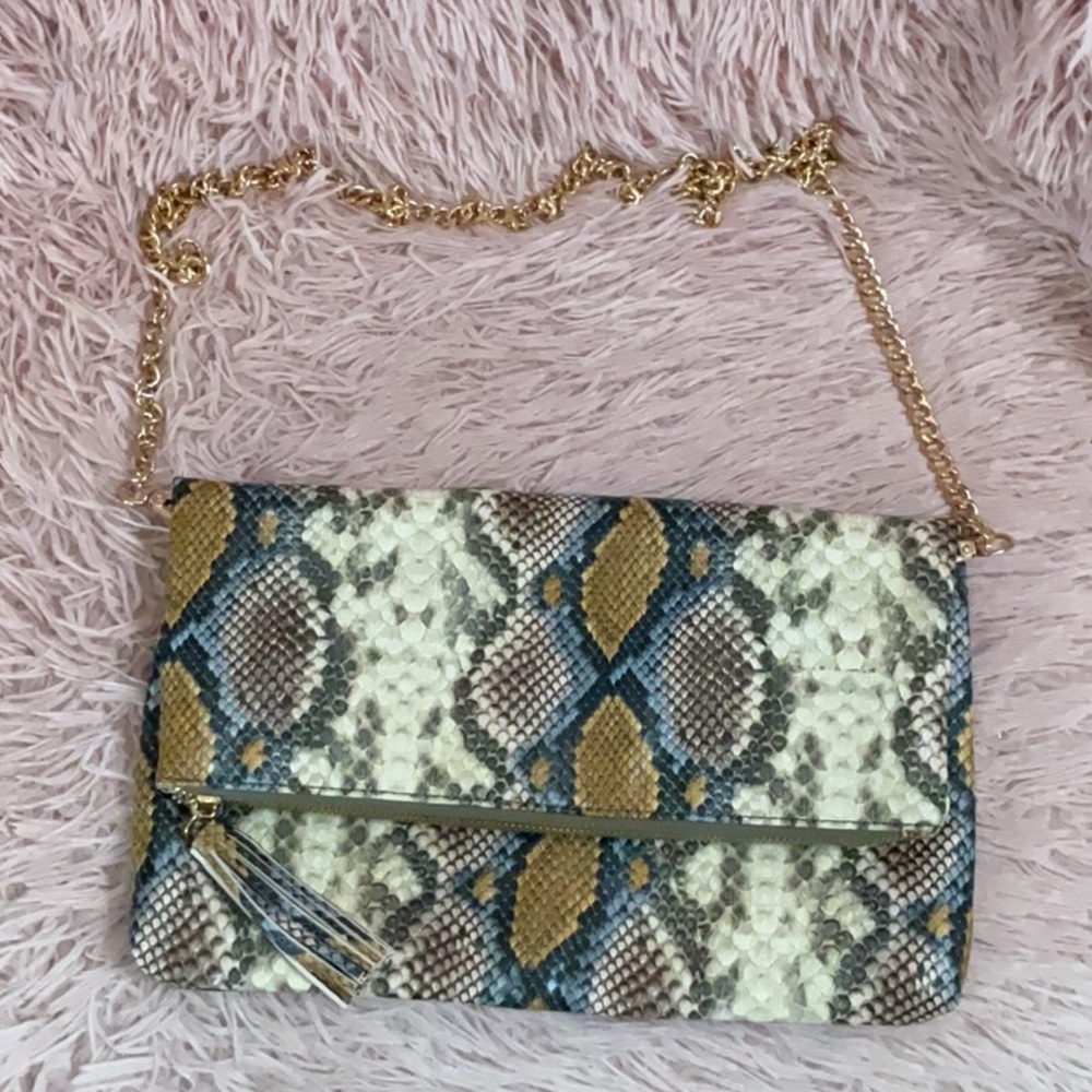 Python-Print Chain Strap Clutch Shoulder Bag in Beige, Blue & Brown